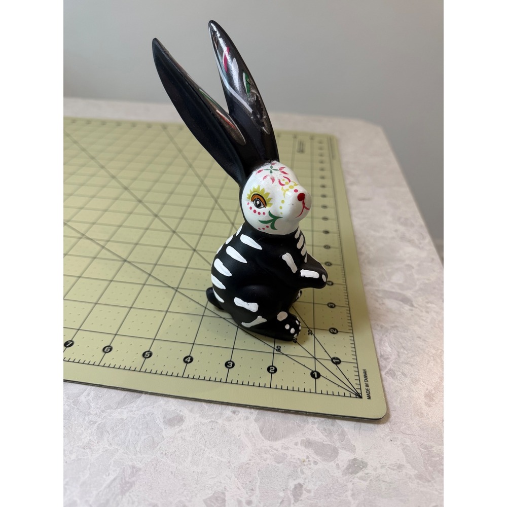 Day of the Dead Rabbit Figurine Skeleton Sugar Skull Folk Art Black Bunny 7.5"